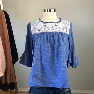 Loft • Chambray Crochet Bell Sleeve Top